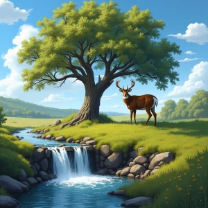 blue skies with white fluffy clouds, on the green grass is a oak...