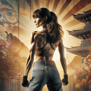 Athletic Thin skinny Attractive, Asian teenage girl, long brown hair and bangs, wearing tight skinny jeans and a halter top paint marks on her clothing, heroic pose Asian graffiti background,  backside view