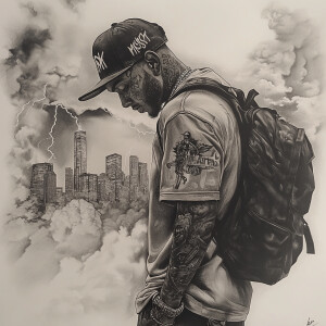 a charcoal image of man standing with their head bowed down, wea...