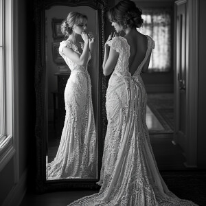 Create an image of a breathtakingly beautiful woman admiring her...