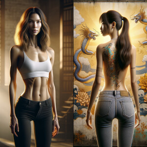 Athletic Thin skinny Attractive, Asian teenage girl, long brown hair and bangs, wearing tight skinny jeans and a halter top paint marks on her clothing, heroic pose Asian graffiti background,  backside view