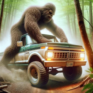 A Sasquatch covered in dense fur hoisting the back of a 1977 pic...