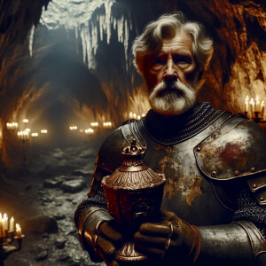 Old knight guarding the holy grail in a candle lit cave