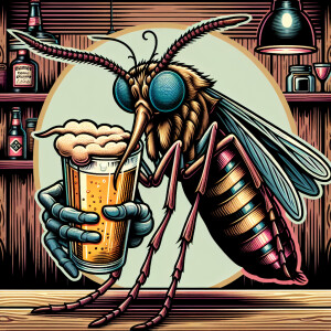 Mosquito drinking a beer in a new school tattoo style