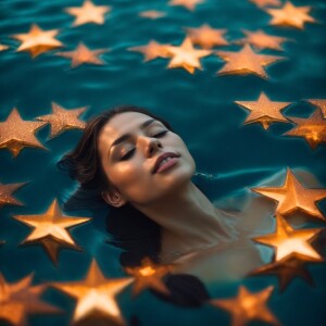 Aerial view of a woman floating star-shaped on the water's surfa...