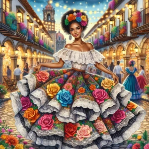 A detailed digital watercolor  illustration of a beautiful Afro Latina woman in a vibrant traditional Mexican folkloric dress dances gracefully in a lively, festive street. The dress has an off-shoulder white lace top and a voluminous, multicolored skirt adorned with intricate floral embroidery, bold roses, & detailed patterns. Her dark hair is elegantly styled in an updo, decorated with bright flowers matching her dress. Background showcases a picturesque colonial-style town illuminated by warm, glowing lanterns & string lights. The cobblestone street is lined with flower-filled balconies & lampposts, with people enjoying the festive atmosphere. The setting exudes a magical, celebratory ambiance, rich in color & culture.