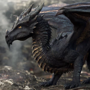 Hyperrealistic, photo-real dragon — Vezonar, massive ash-black m...