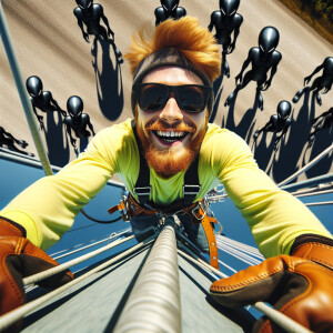 While man with ginger hair climbing a 150 foot cell phone tower,...