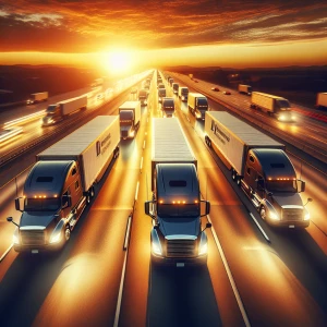 Design an image featuring a convoy of trucks emblazoned with the...