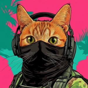A wide-eyed ginger cat wearing a black tactical balaclava (or ma...