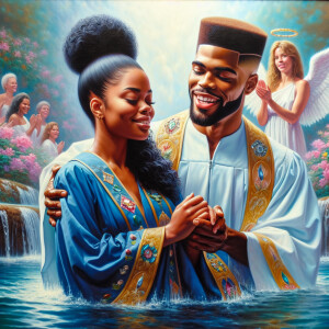 An oil painting depicting a light-skinned African-American pasto...