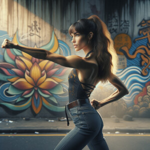 Athletic Thin skinny Attractive, Asian teenage girl, long brown hair and bangs, wearing tight skinny jeans and a halter top paint marks on her clothing, heroic pose Asian graffiti background, side view