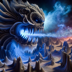 An extraterrestrial creature with a distorted face exhales a chi...