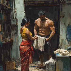 A filthy rich muscular indian sweaty beefy man packing clothes w...