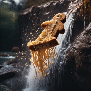 Gingerbread cookie with pasta flying in the air under a waterfal...