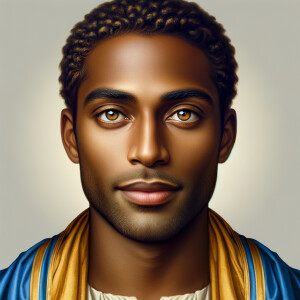 Create handsome African-American, Jesus, with Hazel Brown eyes wearing a blue and gold robe