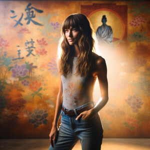 Athletic Thin skinny Attractive, Asian teenage girl, long brown hair and bangs, wearing tight skinny jeans and a halter top paint marks on her clothing, heroic pose Asian graffiti background, backside view