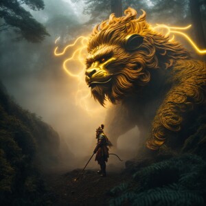 Create Wukong, the Monkey King, wielding a glowing golden staff...
