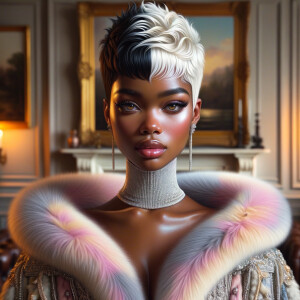 a full body veiw of a colorful gloss hyper realistic oil painting of a regal beautiful light skinned afro  American girlwith beautiful pixie cut one side of hair is black and the other side  of her hair white slick baby hair and furry white and pink and blue furry coat and outfit under the coat standing in living room with fireplace