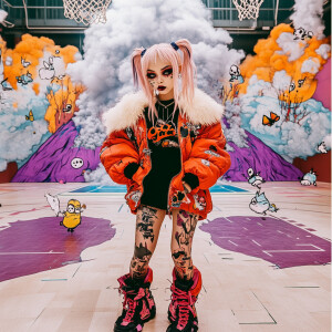 In the style of TOK, a photo editorial dramatic action pose of a...