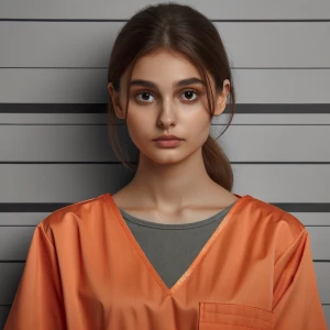 Young female prisoner posing for a mugshot wearing neon orange p...