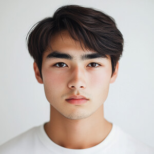Portrait of a 21-year-old Japanese man with a clean face looking...