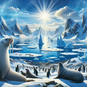 A snow-covered polar landscape under the bright sun: ice floes f...