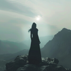 Fair-skinned woman with dark long hair, elegant and composed, st...