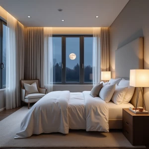 Design a tranquil and spacious bedroom featuring a king-sized be...