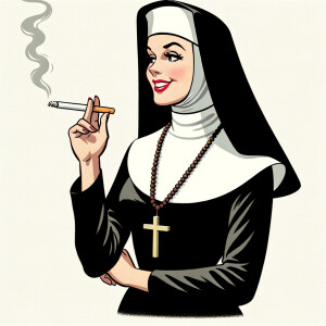 A nun smoking a cigarette