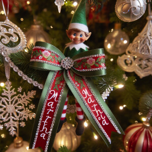 crystallized ribbon name *martha* wrapped around a christmas tre...
