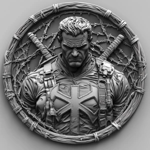 Design a high-contrast grayscale bas relief of the Punisher in f...