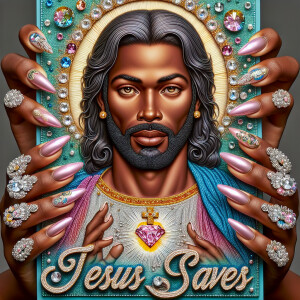 A 3D realistic artwork featuring the phrase 'Jesus Saves' adorne...