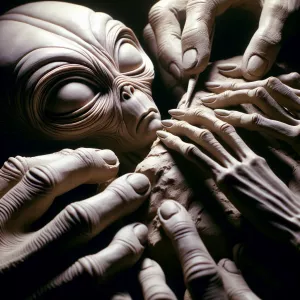 Alien hands intricately sculpting a detailed humanoid statue, as...