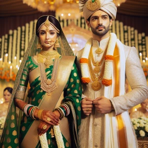 A Maharashtrian wedding couple in traditional attire standing du...