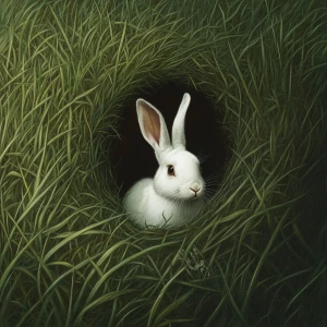 create an image of a white rabbit coming out of a hole in a gras...