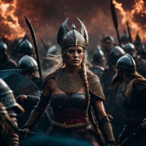 Illustrate a stunning Viking warrior queen engaged in a fierce b...
