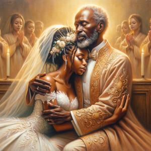 Imagine a hyper-realistic oil painting that captures a tender moment between theAfrican American bride and her God. The setting is intimate and filled with soft, warm lighting that enhances the emotional depth of the scene. The bride, in herexquisite wedding gown, shares a heartfelt embrace with her african-American Lord Jesus , who is dressedin an elegant outfit that complements the wedding's color scheme. Their expressions are full of love, pride, and joy, reflecting the special bond between them. Theattention to detail is paramount, from the intricate designs of their dresses to the subtle emotions conveyed in their facial expressions. The background is a blur ofgentle pastel hues, ensuring that the focus remains on this touching moment. Thispainting should convey the warmth, love, and depth of the relationship, with the rich textures and vibrant strokes characteristic of oil paintings, capturing the essence of this significant pre-wedding moment.