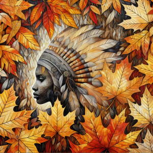 Visualize a canvas depicting vibrant autumn-colored leaves with...