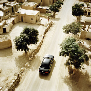 Aerial shot from above of a car driving down the street of an Ar...