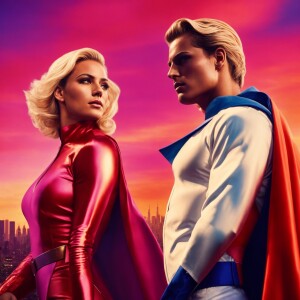 Illustrate two superheroes on a city skyline at sunset. The firs...