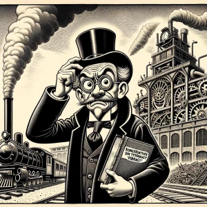 Create a satirical black-and-white caricature in the style of an...