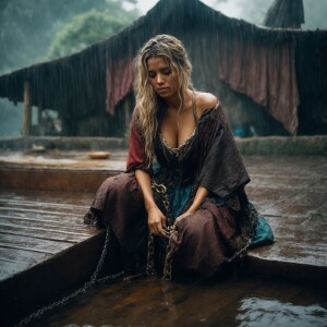 A drenched Wench clothes torn, squatting,  chained to a feeding...