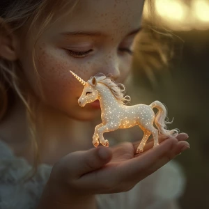 A tiny glowing unicorn, no taller than a teacup, gently trots an...