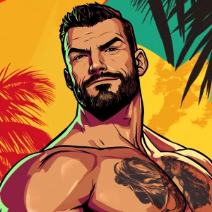 White muscular thin man with beard, big chin, smile and cheekbon...