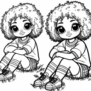 Simple Lines coloring book a girl sitting on the grass with her...