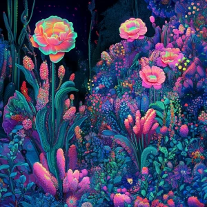 In the midst of a psychedelic vivacious digital garden, intricat...