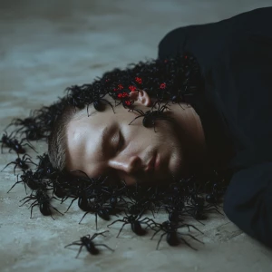 A man lying on the floor with hundreds of black spiders with red...