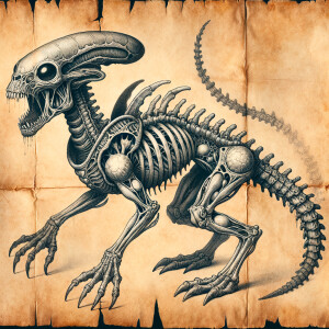 Extraterrestrial creature anatomical graphite illustration on bl...