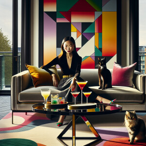 Create a stylish vogue drawing featuring a girl lounging on a so...